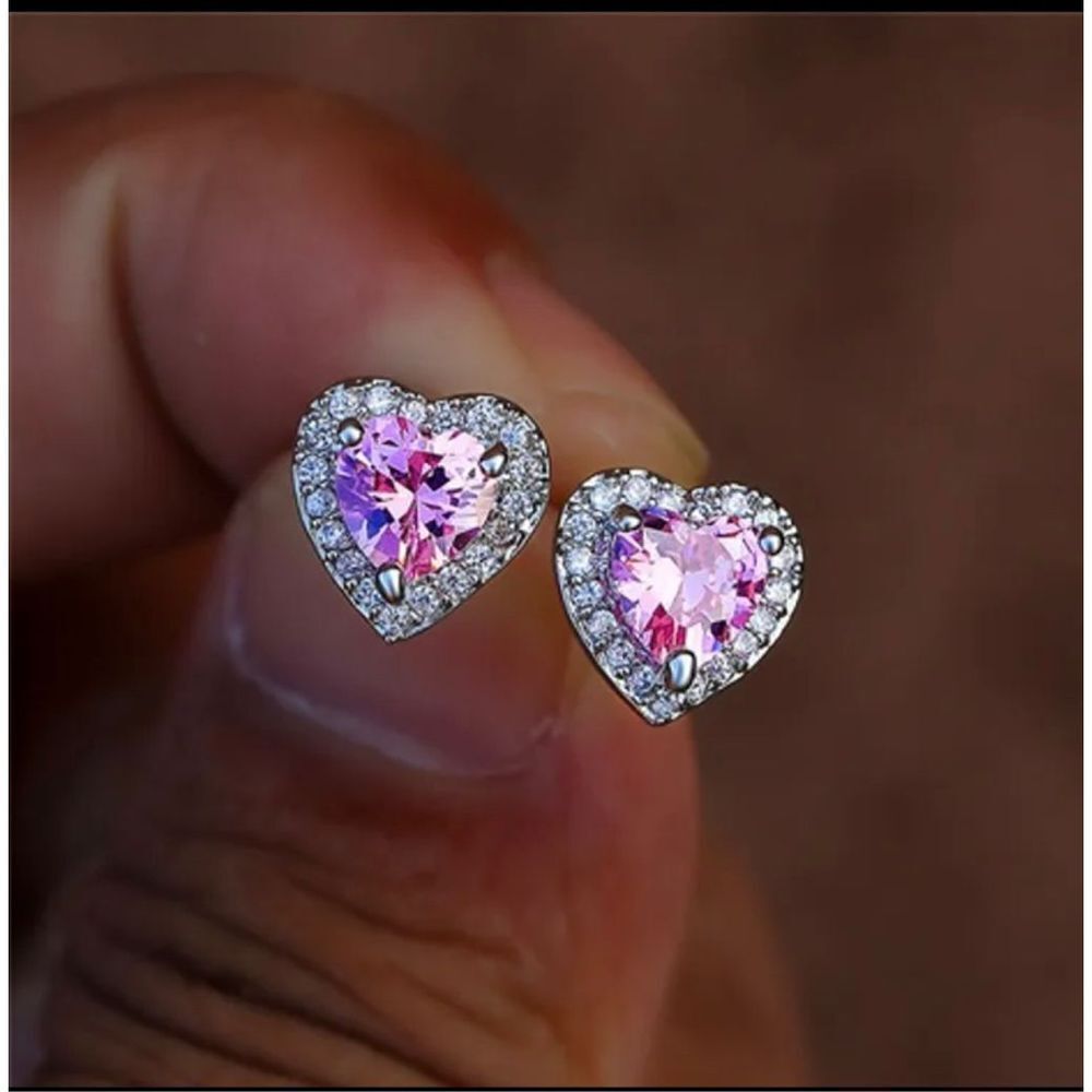 Heart shaped Pink zircon copper earrings-artificial gemstone